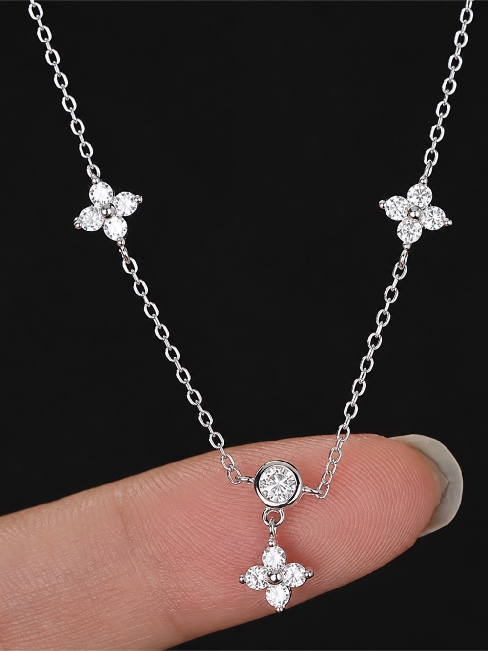Italian Luxury Boutique Silver Tone White Crystal Four-Petal Flower Necklace